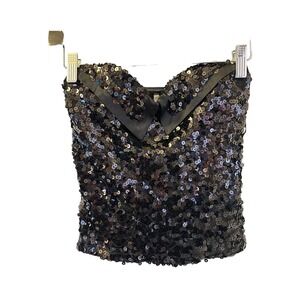 vintage cache Y2K Black Sequin Tuxedo Tube Top Strapless  Size Small